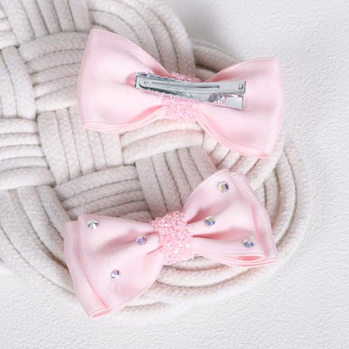 Light Pink Satin Ribbon Hair Bows with Rhinestone Alligator Clips - 2 Pack