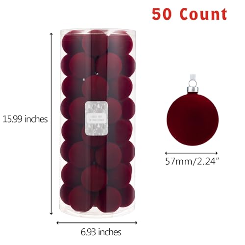 Velvet Burgundy Christmas Ornaments Set - Shatterproof 50 Count, 57mm / 2.24"