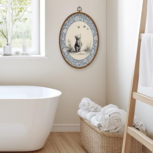 Vintage Bear Oval Framed Canvas Wall Art for Kids Room