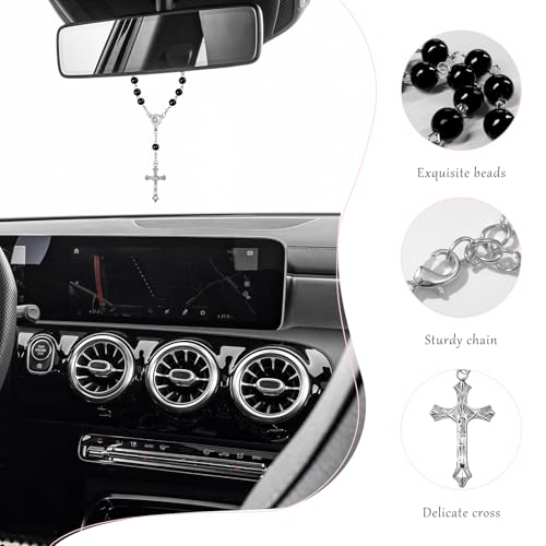 Car Rosary Rearview Mirror Ornament with Cross & Beads - 2 PCS