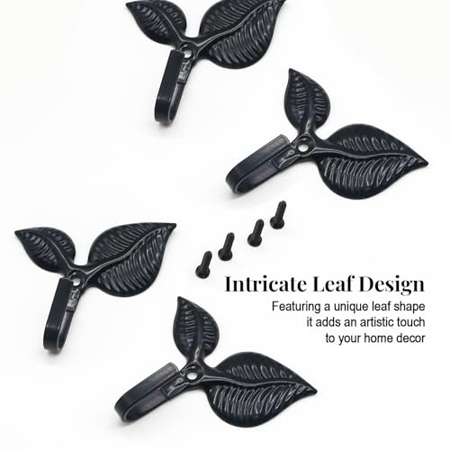 4-Pack Black Iron Leaf Wall Hooks - Heavy Duty Towel Hooks, 2.94 Inches