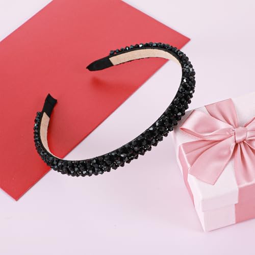 Bremorou Black Rhinestone & Pearl Headband, 4-Row Thin Beaded Hairband for Women