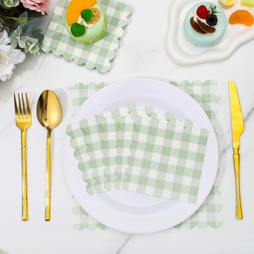 120 Pcs Sage Green Gingham Cocktail Napkins - Scalloped Design