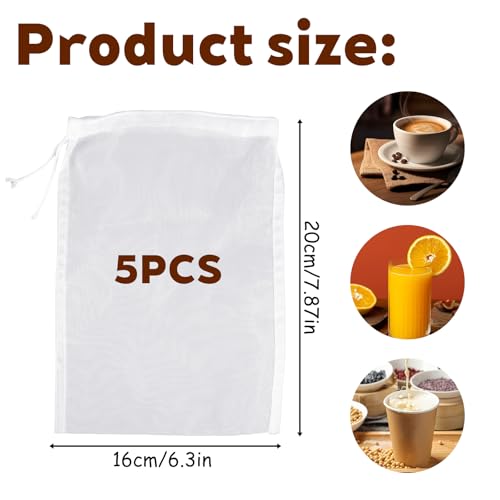 5 Pcs Nylon Brew Bags, 7.9 x 5.9 Inch Fine Mesh Straining Bags for Homebrew