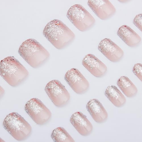 Hrnsnails Glitter Ombre Short Square Press on Nails - 24Pcs Sparkly Acrylic False Nails Kit