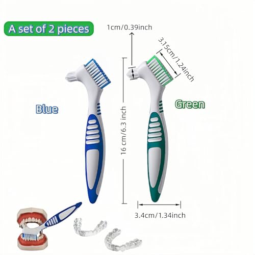 Denture Brush 2-Pack Dual Head Cleaner with Angled Bristles and Non-Slip Handle