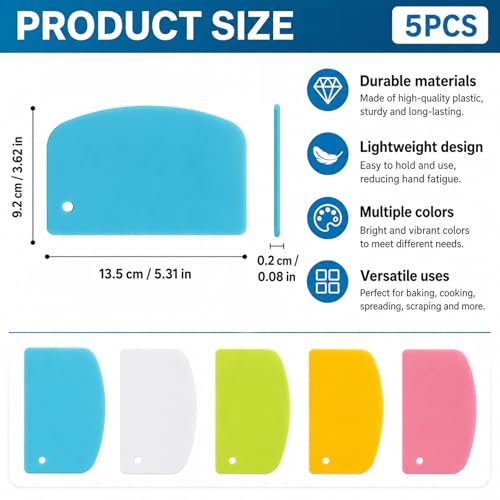5-Piece Dough Scraper Set for Baking - Flexible Plastic Scrapers