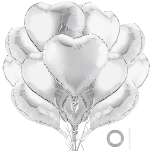 12 Pack 18 Inch Silver Heart Balloons for Valentine's Day & Weddings