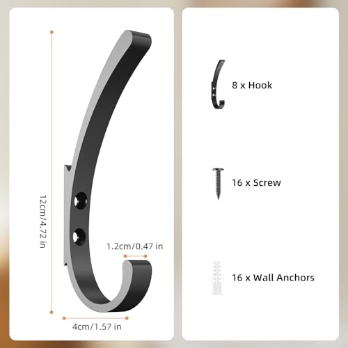 KYOEON 8-Pack Black Wall Mounted Coat Hooks, Heavy Duty Aluminum