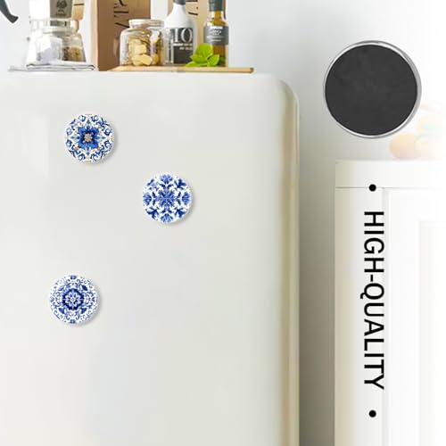 12-Piece Blue Flower Glass Refrigerator Magnets, 1.2-Inch Boho Fridge Decor