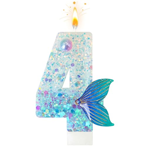 Mermaid Number 4 Candle - Blue Tail Cake Topper for Birthdays
