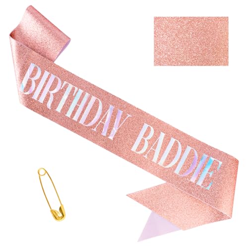 Rose Gold Birthday Baddie Sash for Women - Glittery Party Accessory