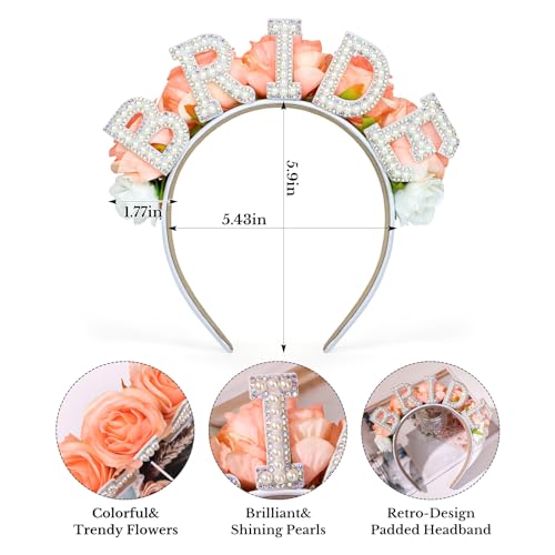 AMCAMI Bride Headband with Pearls and Pink Roses for Bachelorette Party