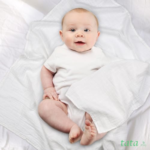 TATA AMG Pure White Organic Muslin Cotton Baby Swaddle Blanket - 47x47 Soft & Breathable Receiving Blanket