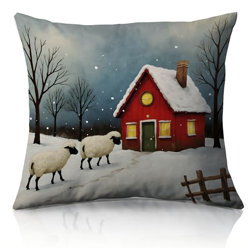 Winter Farmhouse Throw Pillow Cover 18x18 Inch - White Christmas Scene