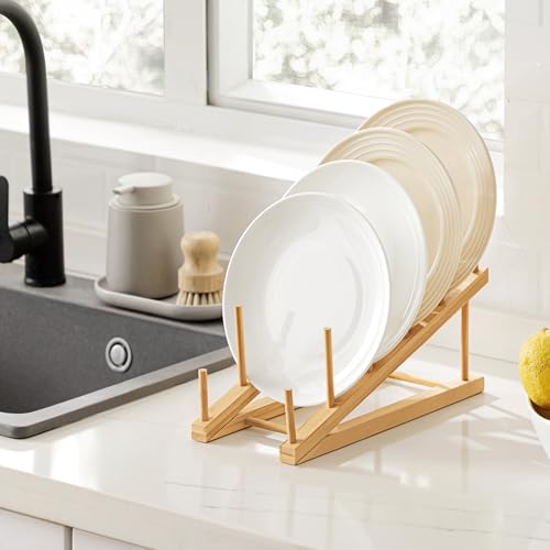 HBlife Bamboo Dish Drying Rack - 5 Slot Stepped Plate & Cup Organizer