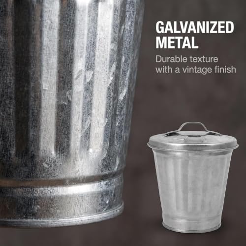 Mini Silver Galvanized Trash Can with Lid – Compact Wastebasket