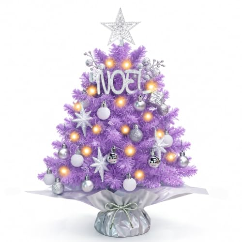 Purple Mini Christmas Tree with Lights - Small Artificial Holiday Decor