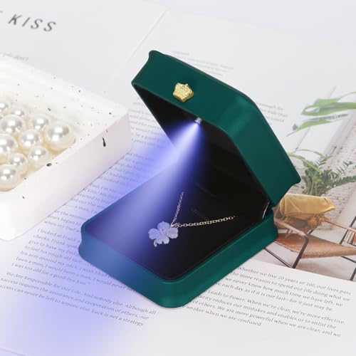 KUKUVR LED Necklace Pendant Gift Box Green Velvet Jewelry Display Case