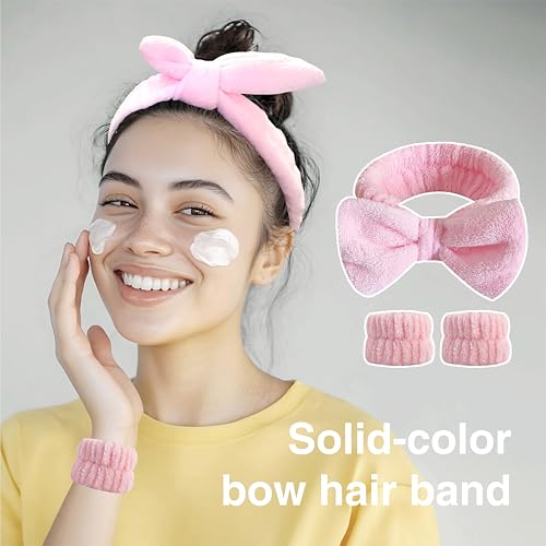 JYOUX 3PCS Fluffy Bow Spa Headband and Absorbent Wrist Strap Set