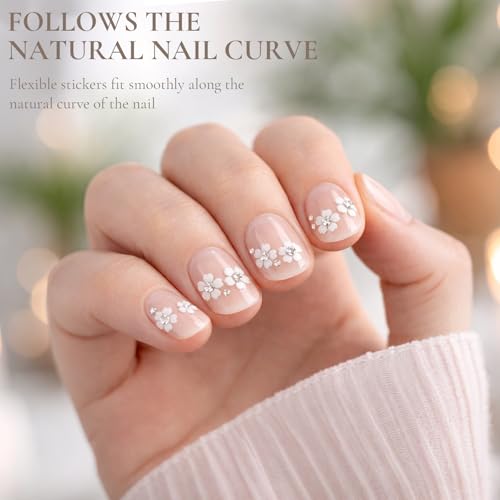 3D White Flower Nail Art Stickers with Rhinestones - 30 Sheets Self-Adhesive Floral Decals