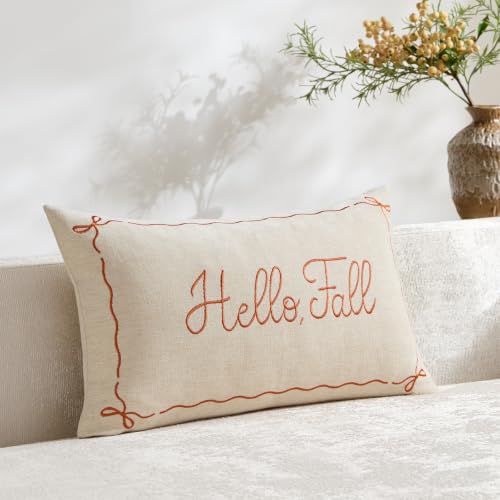 Hello Fall Embroidered Lumbar Pillow Cover 12x20 - Beige Chenille