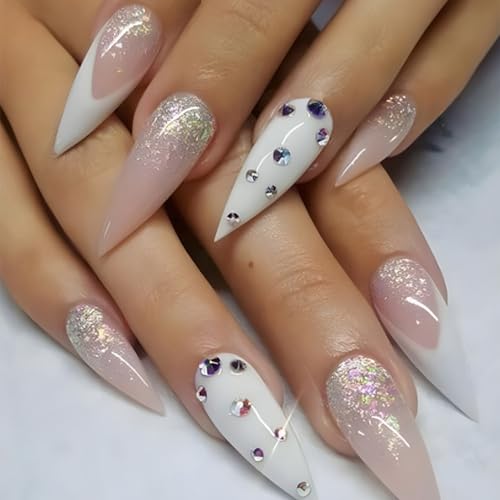 ANDGING White Ombre Stiletto Press on Nails with Rhinestone Designs