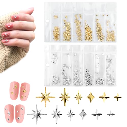 XIHIRCD 700pcs Gold and Silver Star Nail Charms 3D Metal Nail Gems