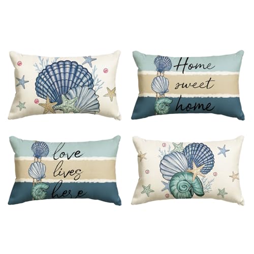 Summer Ocean Sea Shell Throw Pillow Covers Set of 4 - 12x20 Inches Home Decor