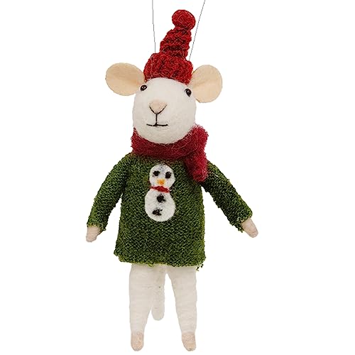 Whimsical Wool Mouse Ornament - Green Snowman Sweater Christmas Decor