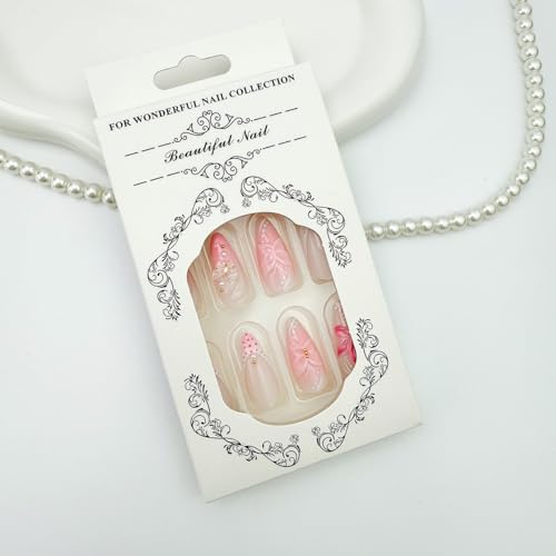 Pink French Almond Press on Nails 3D Butterfly Reusable Acrylic Nails