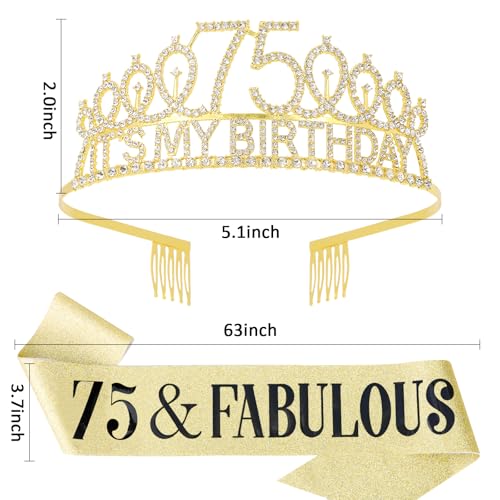 75th Birthday Decorations Set for Women: Gold Tiara and 75 & Fabulous Sash