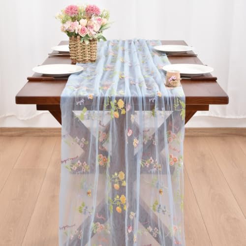 Blue Butterfly Floral Table Runner for Garden Party and Home Decor - 28x120 Inches