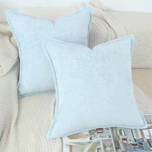 Chenille Throw Pillow Covers Set of 2 - Light Blue 20x20 Modern Accent Pillows