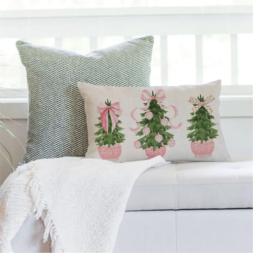 Pink Christmas Tree Throw Pillow Cover - 12x20 Inch Chinoiserie Design