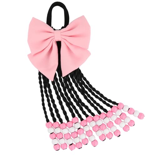 Synthetic Braided Ponytail Extension with Beads and Bows - Pink