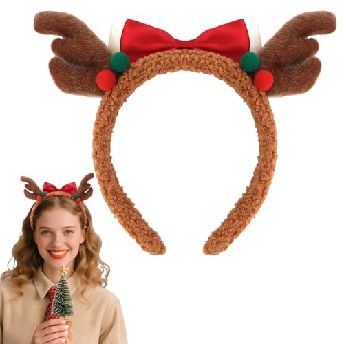 GAFATORY Christmas Reindeer Antlers Headband with Red Bow for Holiday Parties