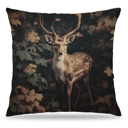 Vintage Deer Forest Pillow Cover 18x18 - Double-Sided Botanical Design