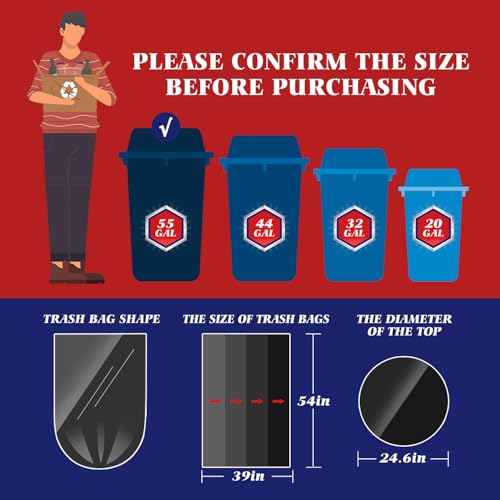 Teivio Large Black Trash Bags - 55-60 Gallon, 20 Count
