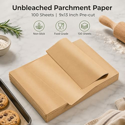 100 Pcs Unbleached Parchment Paper Sheets - 9x13 Non-Stick Baking Liners