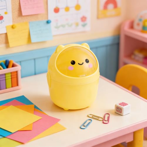 Cute Mini Trash Can with Lid - Portable Desktop Wastebasket, Yellow