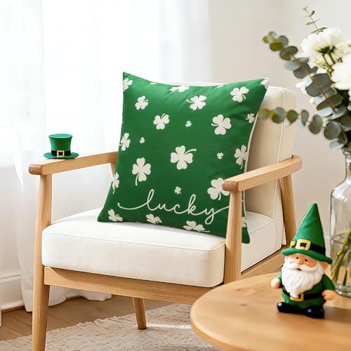 St Patricks Day Lucky Clover Pillow Covers 18x18 Inch Set of 2 - Green