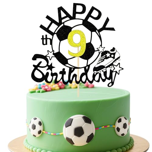 Black Glitter Soccer Happy 9th Birthday Cake Topper
