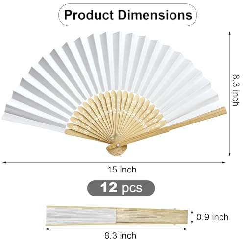 12 Pack Elegant Paper Hand Fans - Foldable Bamboo Handheld Fans for Weddings