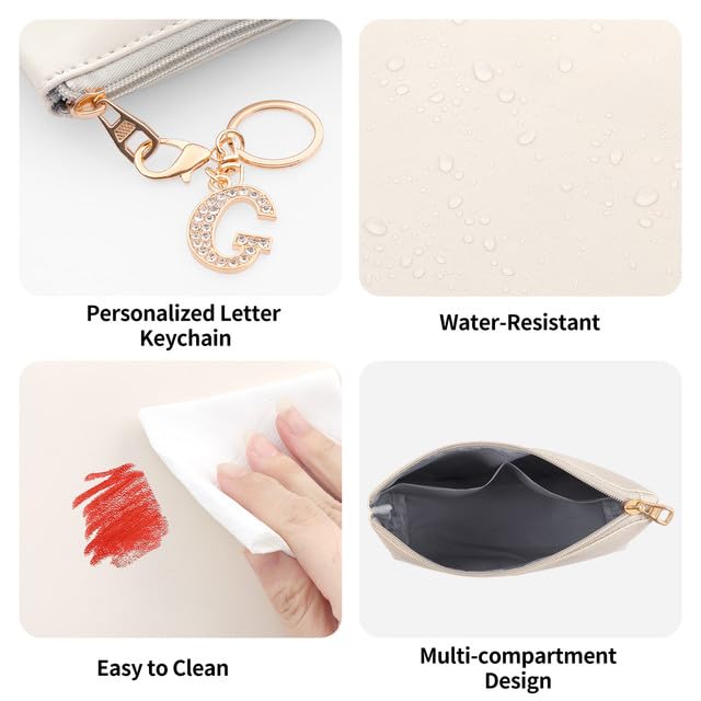 MAANGE Personalized PU Leather Makeup Bag with Initial Keychain Beige