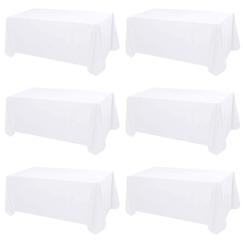Kesfey 6 Packs White Polyester Table Cloths 90 x132 inch Rectangle High Density Tablecloth Fabric Tablecover for 6 Foot Tables Wrinkle Resistant Washable Table Cloth for Wedding Celebration Buffet