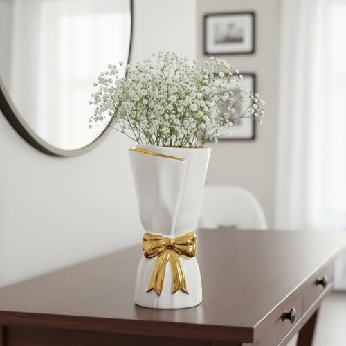 10 Inch White Bow Vase - Modern Ceramic Flower Vase for Home Decor