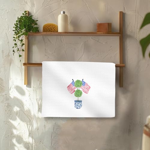 4th of July Patriotic Kitchen Towels - Blue Chinoiserie Topiary Hand Towels, Flag & Topiary Design, 16x24, Decorative Dish Tea Towel - Topiary Flag Variation