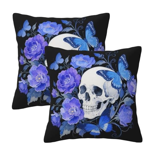 Gothic Floral Skull and Butterfly Throw Pillow Covers, 18x18 Set of 2