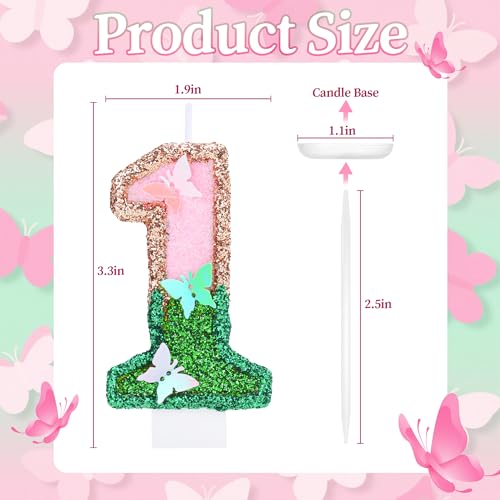 Butterfly Birthday Candle Number 1 - Pink & Green Glitter Cake Topper